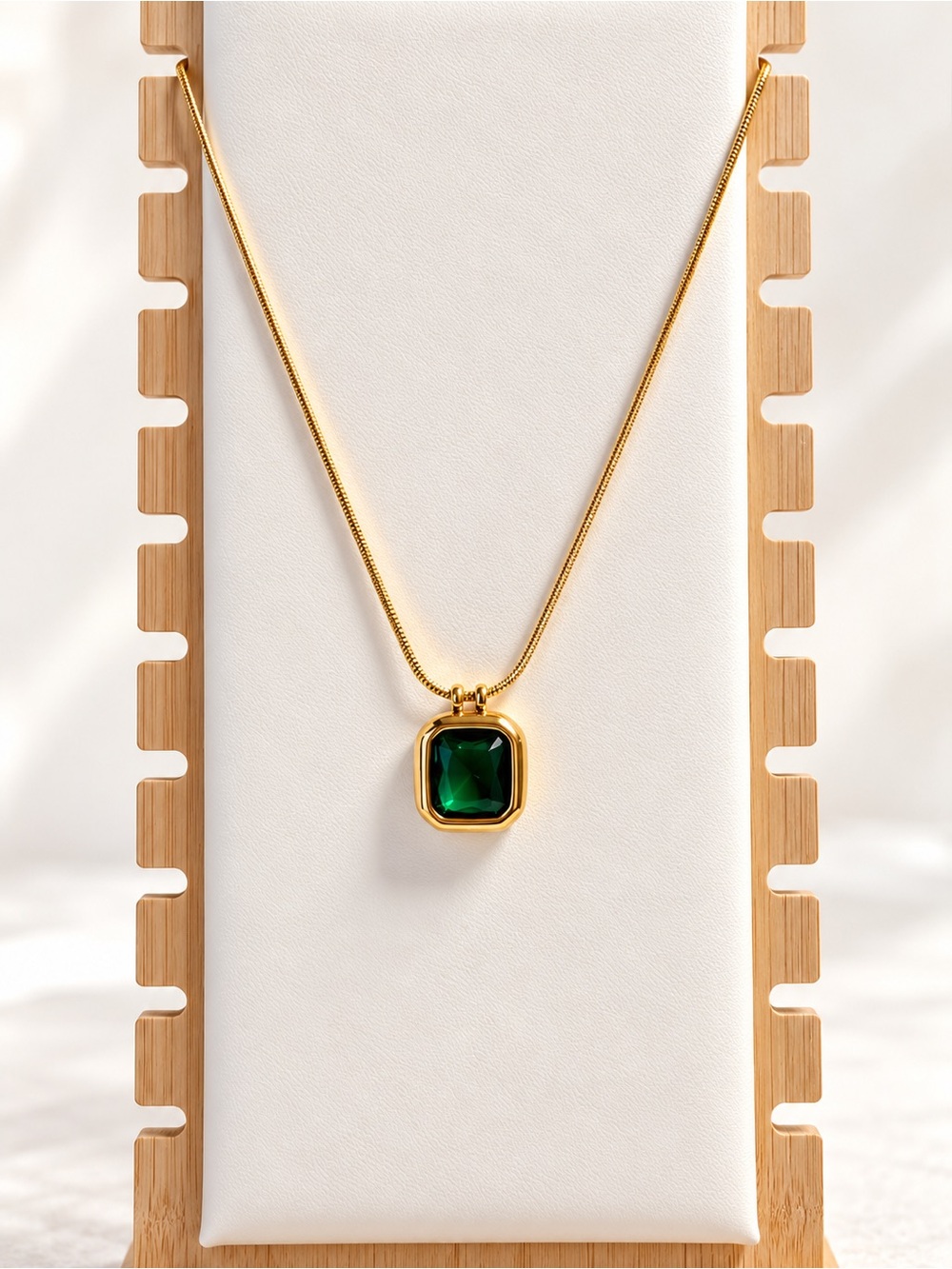 Gold Pendant Necklace with Emerald Green Cushion Stone - Women's Jewelry